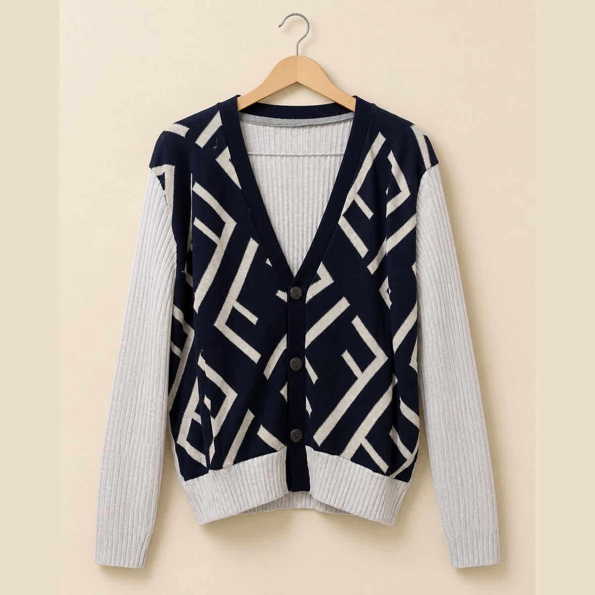 Cardigan Rajut Kaos Geometris Navy