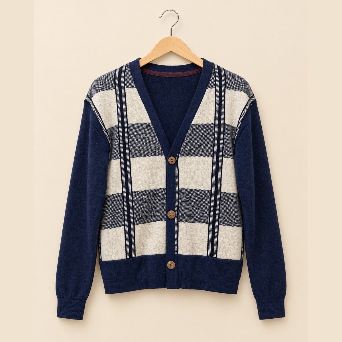 Cardigan Rajut Kaos Kotak Navy Krem