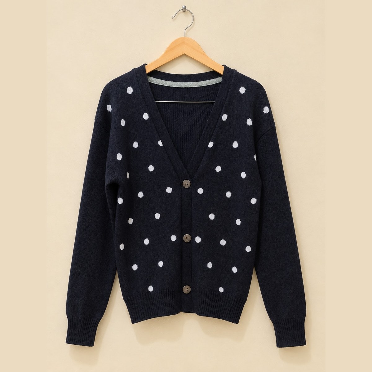 Cardigan Rajut Kaos Polkadot Navy