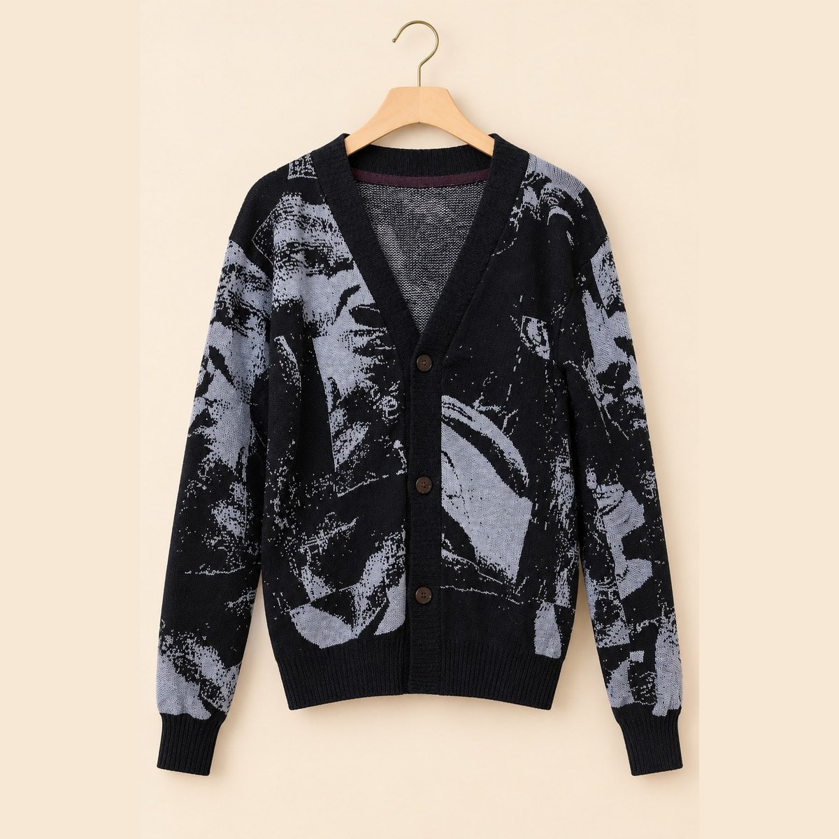 Cardigan Rajut Motif Abstrak Hitam