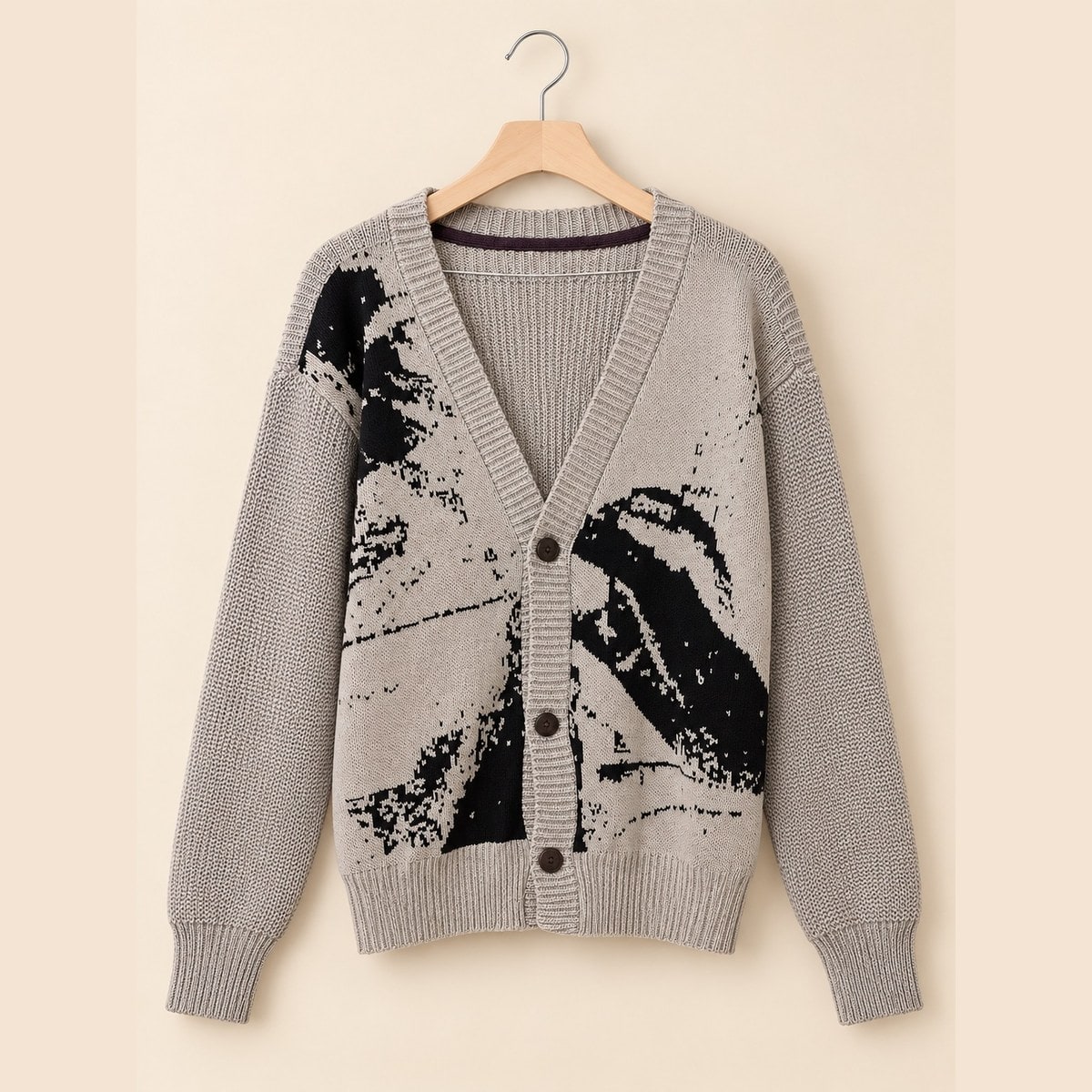 Cardigan Rajut Motif Abstrak Krem
