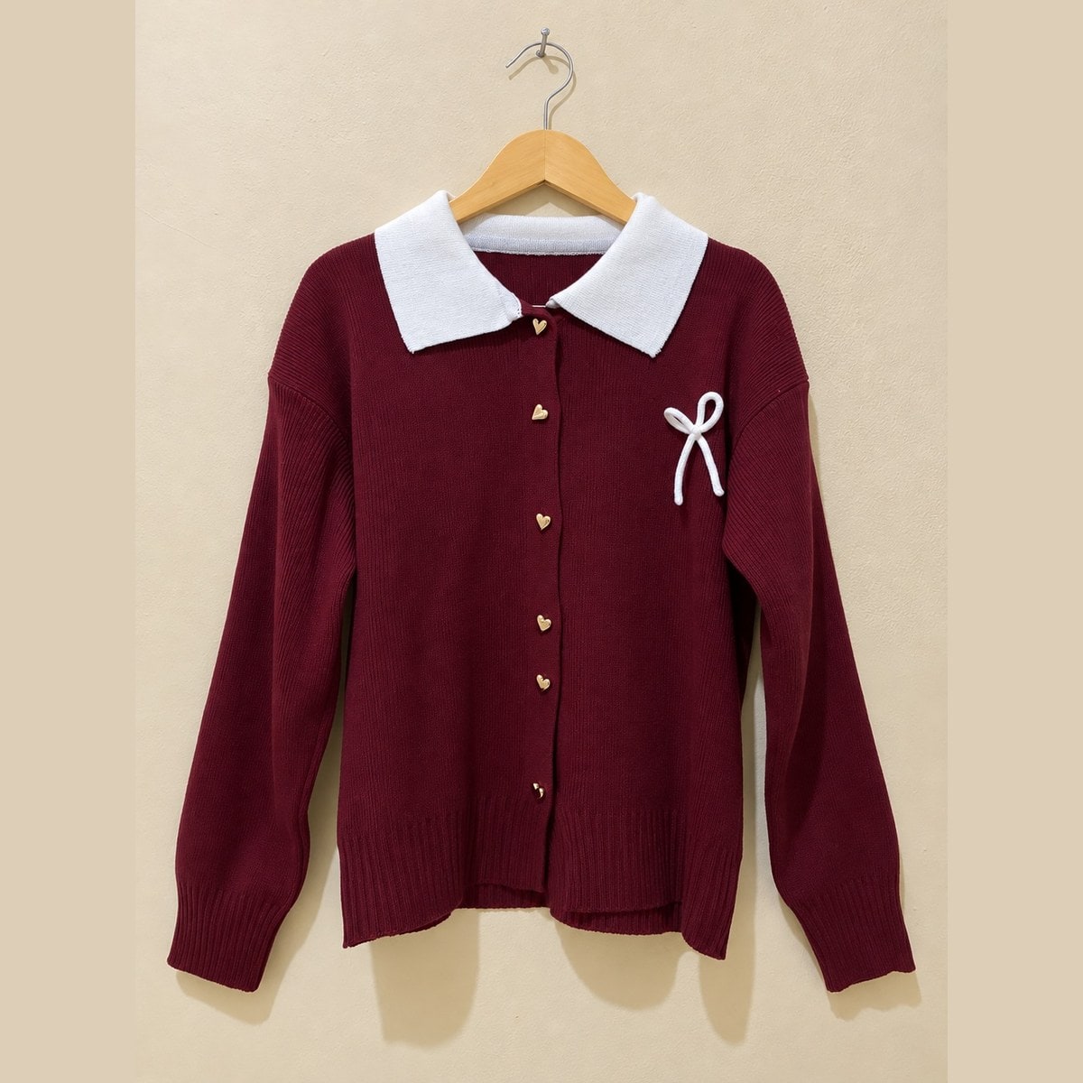 Cardigan Rajut Premium Merah Kerah Pita